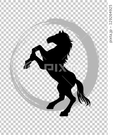灰色の丸（筆書き）を背景に立ち上がる馬のシルエット 129264925
