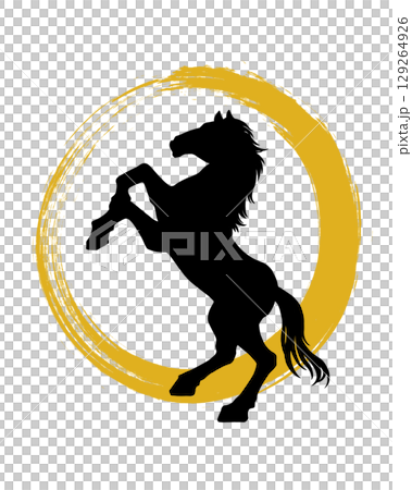 金色の丸(筆書き)を背景に立ち上がる馬のシルエット 金色の丸(筆書き)を背景に立ち上がる馬のシルエット 129264926