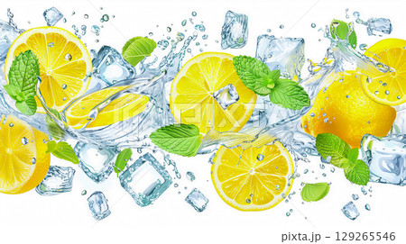Lemon slice and fresh mint leaf in  splash of water and ice cubes. 129265546
