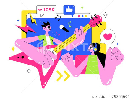 Virtual Concert Illustration Featuring a Metaverse Concept with People Watching a Musical Concerts, Interacting, and Exploring in a Virtual World Virtual Concert Illustration Featuring a Metaverse Concept with People Watching a Musical Concerts, Interacting, and Exploring in a Virtual World 129265604