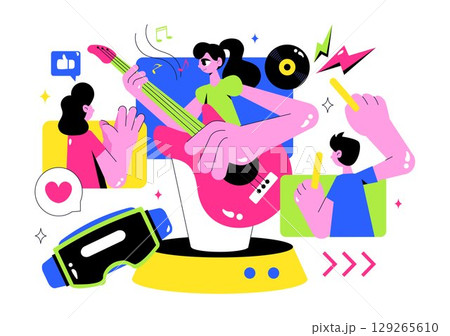 Virtual Concert Illustration Featuring a Metaverse Concept with People Watching a Musical Concerts, Interacting, and Exploring in a Virtual World 129265610