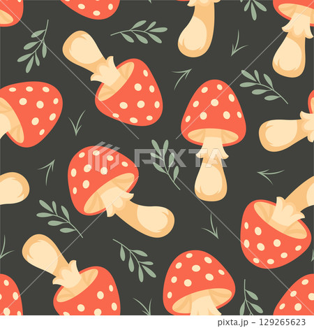 Amanita Mushroom Vector Seamless Pattern. Cartoon Red Amanita Mushroom on Black Background. Forest Background. Poisonous Mushroom Fabric. Amanita Nature Decor, Woodland Print Design Amanita Mushroom Vector Seamless Pattern. Cartoon Red Amanita Mushroom on Black Background. Forest Background. Poisonous Mushroom Fabric. Amanita Nature Decor, Woodland Print Design 129265623