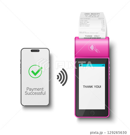 Vector 3D Realistic NFC Payment Terminal and Smartphone Closeup. Approved Payment, Successful Transaction. Payment Machine Design Template, Bank Payment Contactless Terminal Vector 3D Realistic NFC Payment Terminal and Smartphone Closeup. Approved Payment, Successful Transaction. Payment Machine Design Template, Bank Payment Contactless Terminal 129265630