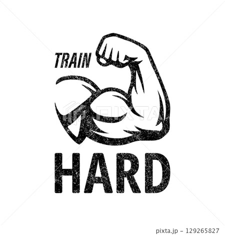 Train Hard. Fitness Gym Logo with Muscular Arm Illustration. Isolated Bodybuilding Icon for Gym Poster, Workout Motivation Sign, Training Apparel Print, Sport Club Emblem. Vector Illustration 129265827