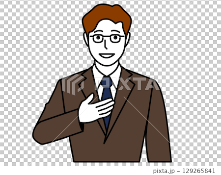 A man wearing glasses and a brown suit with his hand on his chest saying "Leave it to me" 129265841