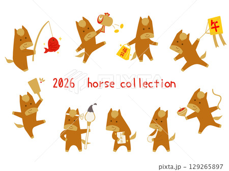 年賀用/縁起物とシンプルな馬のキャラクターセット 年賀用/縁起物とシンプルな馬のキャラクターセット 129265897
