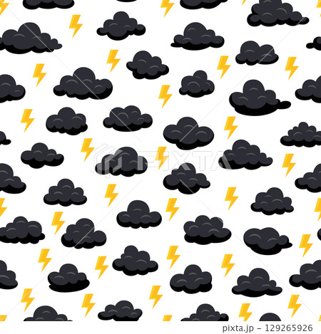 Vector Seamless Pattern of Black Storm Clouds with Yellow Lightning Bolts on White Background. Thunderstorm Lightning Seamless Pattern for Fabric, Wrapping Paper, Wallpaper, Textile, Rain Storm Design Vector Seamless Pattern of Black Storm Clouds with Yellow Lightning Bolts on White Background. Thunderstorm Lightning Seamless Pattern for Fabric, Wrapping Paper, Wallpaper, Textile, Rain Storm Design 129265926