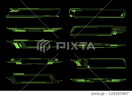 Collection of futuristic high tech design frames and banners green line art creates cyberpunk for digital interfaces heads up displays HUD gaming elements technology themed motion graphics Collection of futuristic high tech design frames and banners green line art creates cyberpunk for digital interfaces heads up displays HUD gaming elements technology themed motion graphics 129265967