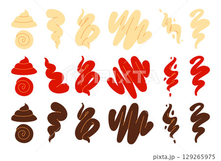 sauce or condiment swirls and spirals in various collection abstract shapes and textures on a white background in beige red and brown colors 129265975