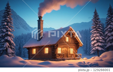 夜明けの青い小屋と雪 129266001