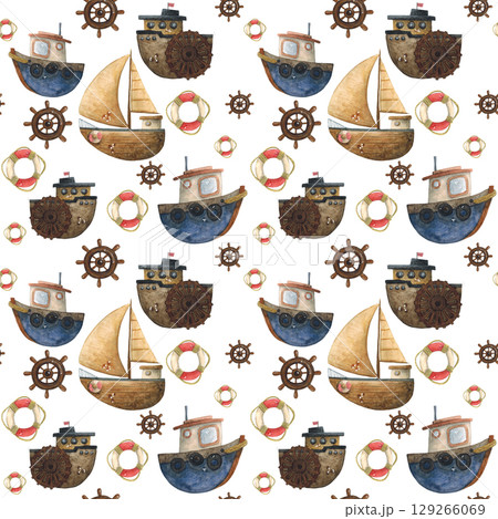 A pattern consisting of watercolor illustrations of sea boats, lifebuoys and steering wheels 129266069