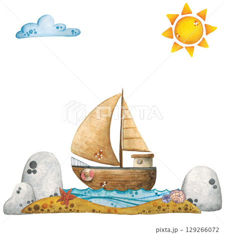 Marine composition of a yacht, beach, sea and stones. Watercolor landscape, cartoon. Hand drawn illustration. Drawing for cards, invitations. Sea, marine, sand, beach, summer, stones 129266072