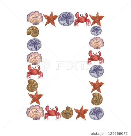 Decorative rectangular frame consisting of watercolor illustrations on the theme of the sea. Starfish, sea urchin, crab, shells Decorative rectangular frame consisting of watercolor illustrations on the theme of the sea. Starfish, sea urchin, crab, shells 129266075
