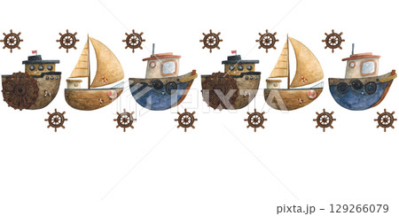 Decorative rectangular seamless pattern consisting of watercolor illustrations on the theme of the sea. Ship, yacht, steering wheel Decorative rectangular seamless pattern consisting of watercolor illustrations on the theme of the sea. Ship, yacht, steering wheel 129266079