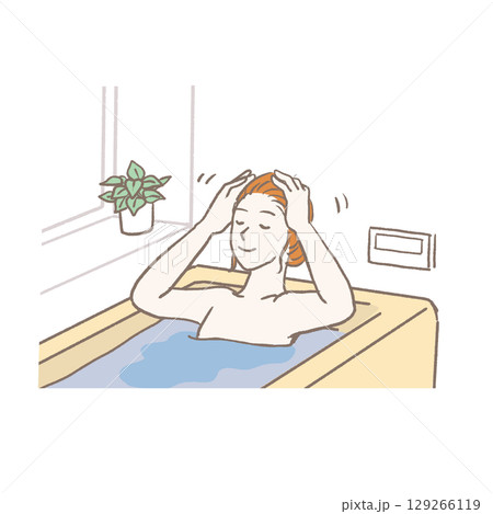 お風呂でヘアケアマッサージする女性のイラスト お風呂でヘアケアマッサージする女性のイラスト 129266119