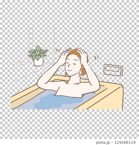 お風呂でヘアケアマッサージする女性のイラスト お風呂でヘアケアマッサージする女性のイラスト 129266119