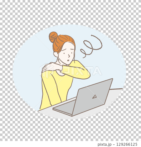 Illustration of a woman suffering from stiff shoulders while using a computer 129266125