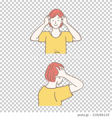 ヘッドマッサージをする女性の手描きイラスト 129266129