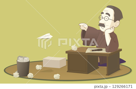 良いアイデアが出ない文豪風の小説家が原稿を紙飛行機にして遊んでいる様子を表したベクターイラスト 129266171