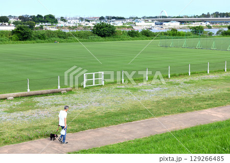 平塚馬入サッカー場脇を散歩する男性と犬 129266485
