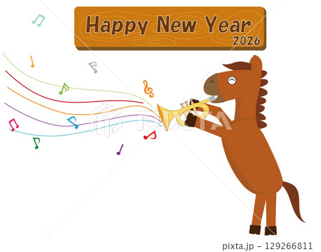 2026年の年賀状のイラスト素材。馬が楽器を演奏して新年を祝っている。 129266811