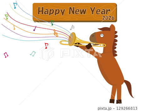 2026年の年賀状のイラスト素材。馬が楽器を演奏して新年を祝っている。 2026年の年賀状のイラスト素材。馬が楽器を演奏して新年を祝っている。 129266813