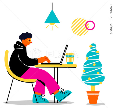 カフェでPC作業をする若い男性のポップでカラフルなイラスト 129266875