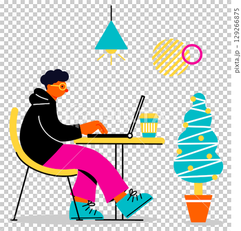 カフェでPC作業をする若い男性のポップでカラフルなイラスト 129266875