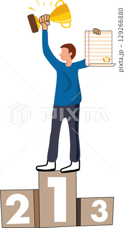 Illustration of Man Winning With Trophy and Certificate Illustration of Man Winning With Trophy and Certificate 129266880