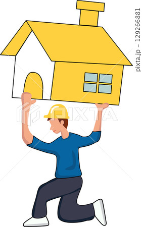 illustration Cartoon Construction Worker Holding House 129266881