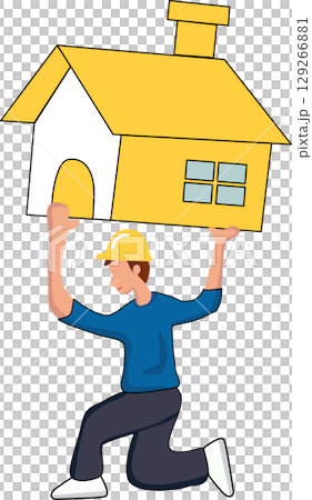 illustration Cartoon Construction Worker Holding House 129266881