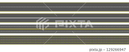 Top view road markings set. Highway lines and race tracks set. Seamless straight street road pack. Town or city pavement asphalt repeated patten. Horizontal roadway drive stripes bundle. Vector Top view road markings set. Highway lines and race tracks set. Seamless straight street road pack. Town or city pavement asphalt repeated patten. Horizontal roadway drive stripes bundle. Vector 129266947