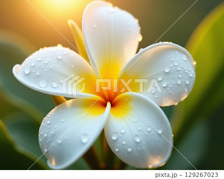 Macro of a Glowing White Frangipani Flower with Dew Drops and a Warm Sun Flare 129267023