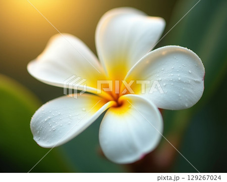 Pristine White Frangipani Flower with Dew Drops in a Gentle Morning Backlight 129267024