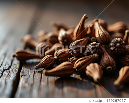 Macro Closeup of Whole Dried Cloves with Stems on a Dark Textured Wooden Surface 129267027
