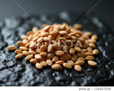Pile of Dry Coriander Seeds on a Moist Black Stone with Water Droplets 129267036