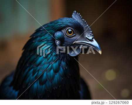 Close-up Profile of a Cemani Chicken with Iridescent Feathers and a Striking Yellow Eye 129267060