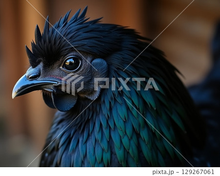 Macro of an Indonesian Cemani Chicken with Iridescent Black Feathers and Sharp Detail 129267061