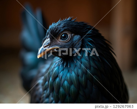 Side Profile Close-up of a Cemani Chicken with Blue-Green Iridescent Feathers 129267063