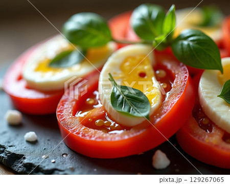 Close-up of Caprese Salad on a Dark Slate Plate with Mozzarella and Fresh Basil 129267065