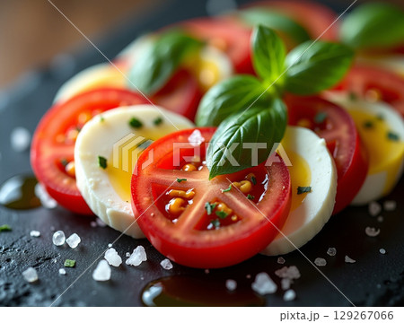 Fresh Caprese Salad Close-up with Tomato, Mozzarella, and Basil on a Dark Slate 129267066