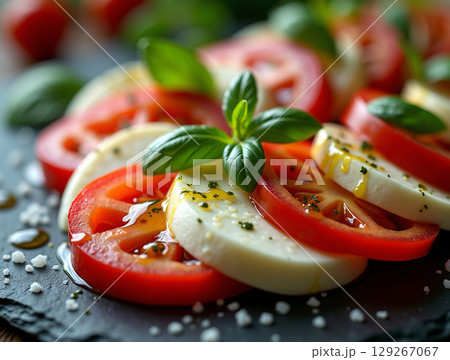 Caprese Salad Macro with Mozzarella, Tomato, and Olive Oil Drizzle on a Dark Slate Plate 129267067