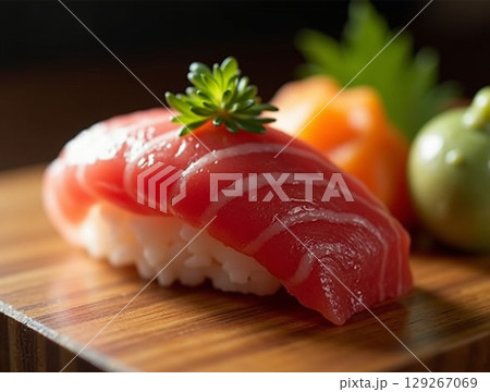 Macro Photo of Fresh Tuna Sushi on a Wooden Board with Wasabi on the Side 129267069