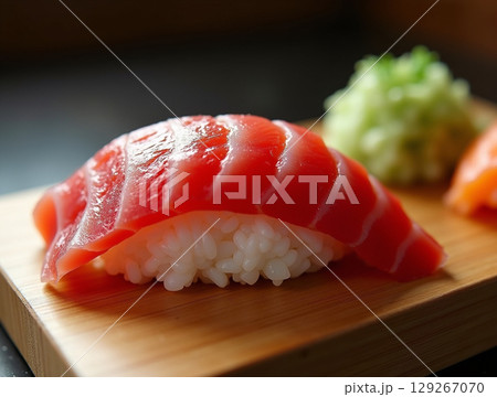 Macro of Tuna Nigiri Sushi with Wasabi and Ginger on a Wooden Board 129267070