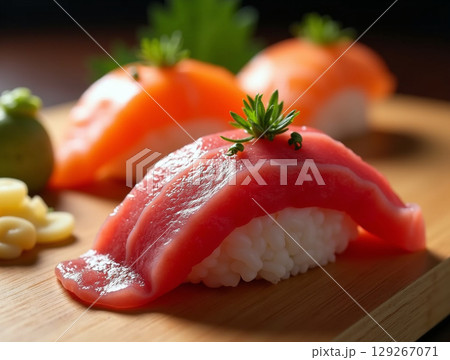 Macro of Tuna and Salmon Nigiri Sushi with Wasabi and Ginger on a Wooden Board 129267071