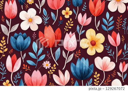 A beautiful seamless floral illustration, perfect for backgrounds, textiles, and wallpaper. This dense pattern features colorful flowers and botanicals on a rich, dark backdrop. 129267072
