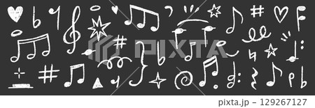 Music note hand drawn set. Cute music icon, melody sign, and sound symbol in kid crayon chalk sketch style. Cartoon texture, playful art decoration on chalkboard background. Vector Music note hand drawn set. Cute music icon, melody sign, and sound symbol in kid crayon chalk sketch style. Cartoon texture, playful art decoration on chalkboard background. Vector 129267127