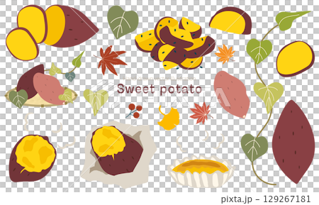 かわいい手描きのサツマイモのイラスト素材セット 129267181