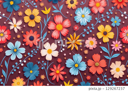 A decorative 3D-style floral illustration. Colorful, stylized flowers are arranged on a dark backdrop, with each element casting a soft shadow for a realistic layered paper effect. 129267237
