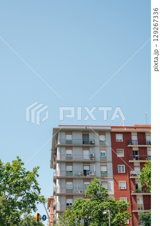 Colorful facade of apartment building in Barcelona, Spain 129267336